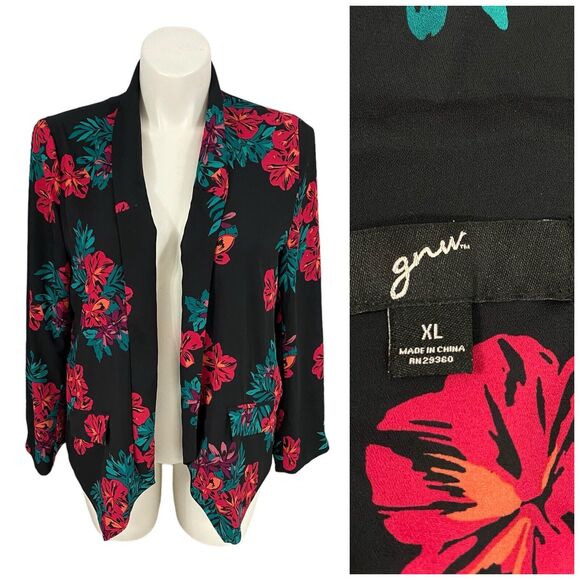 GNW Blazer Womens XL Floral Chiffon Jacket Work Office Casual Church Shawl Lapel - Picture 1 of 15